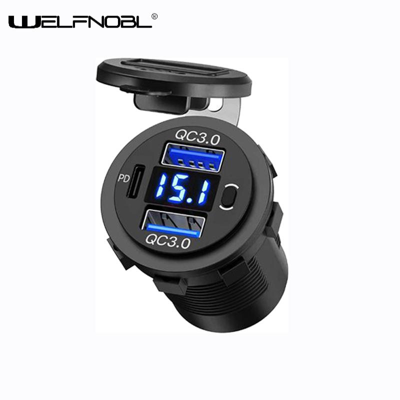 Dual USB QC 3.0 PD USB C Car Charger with Voltmeter