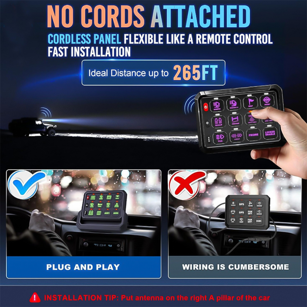 12 Gang 12V Bluetooth Car Switch Panel IP65 Waterproof LED Control System by Welfnobl