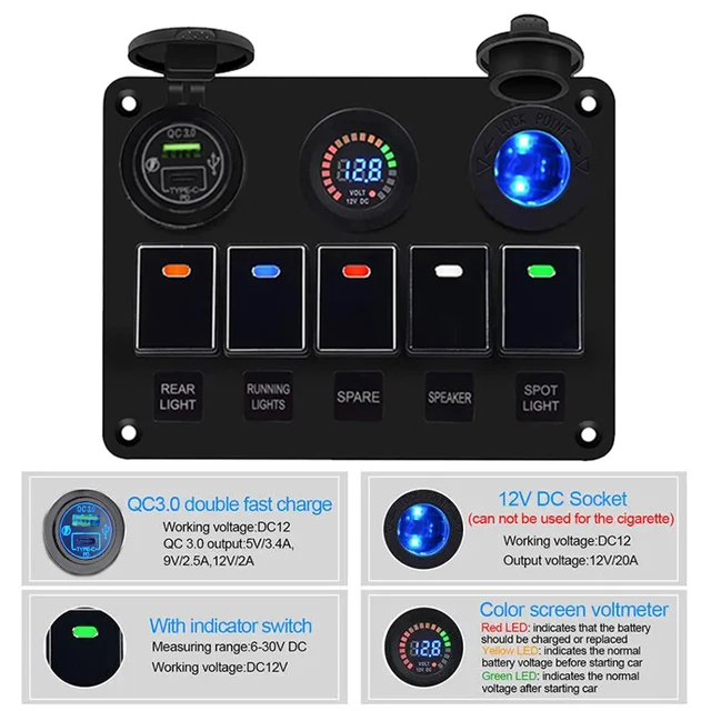 QC3.0 Type C Dual USB Charger 5 Gang Rocker Switch Panel