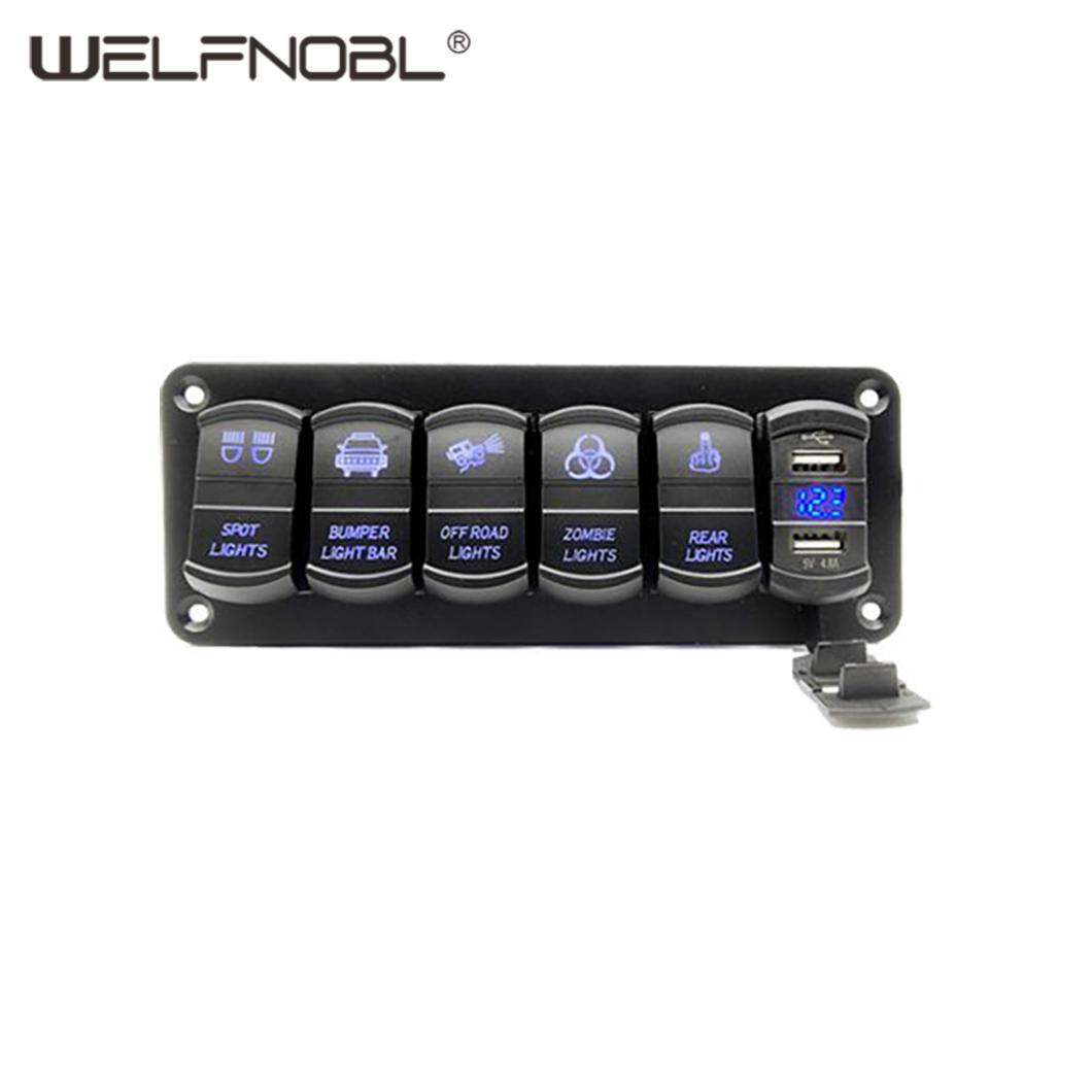 Dual USB 6 Way Rocker Switch Panel - 12V/24V Waterproof for Marine Use